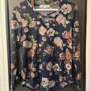 Absolutely Famous Women's Hooded Long Sleeve Blue Floral Top Size Small